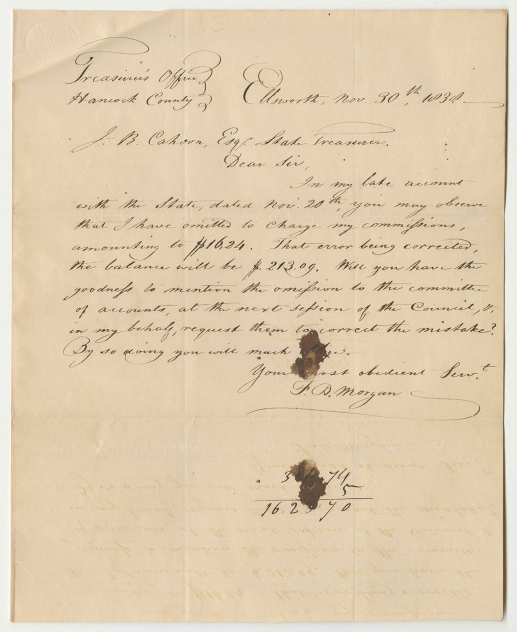Miniature of Letter from Francis B. Morgan, Relating to Changes to His Account as Hancock Country Treasurer
