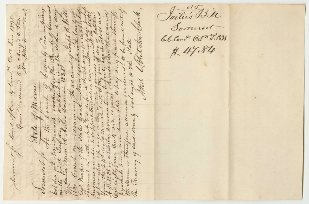 Miniature of Account of Joseph H. Hill, Keeper of the State's Jail in Norridgewock in the County of Somerset, for Support of Prisoners Therein Confined Upon Charges and Conviction of Crimes or Offences Against The State from March 22nd to October 4th 1838
