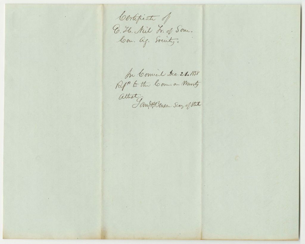 Miniature of Certificate of Ebenezer H. Neil, Treasurer of the Somerset County Agricultural Society, of the Funds Deposited in the Treasury of Said Society