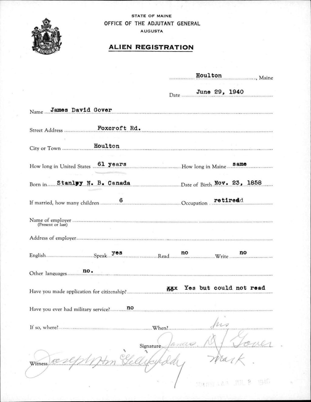 Miniature of Alien Registration- Gover, James D. (Houlton, Aroostook County)