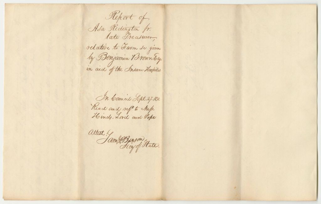 Miniature of Report of Asa Redington Jr., Late Treasurer, Relative to the Insane Hospital