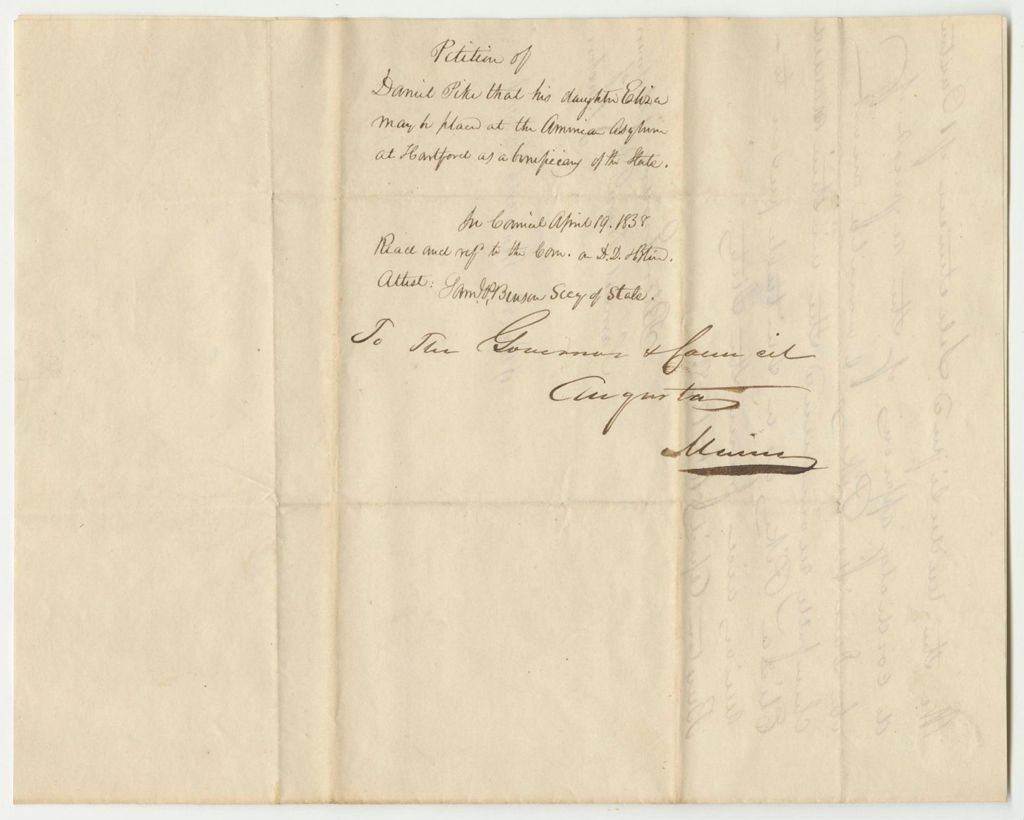 Miniature of Petition of Daniel Pike That His Daughter Elisha May Be Placed at the American Asylum at Hartford