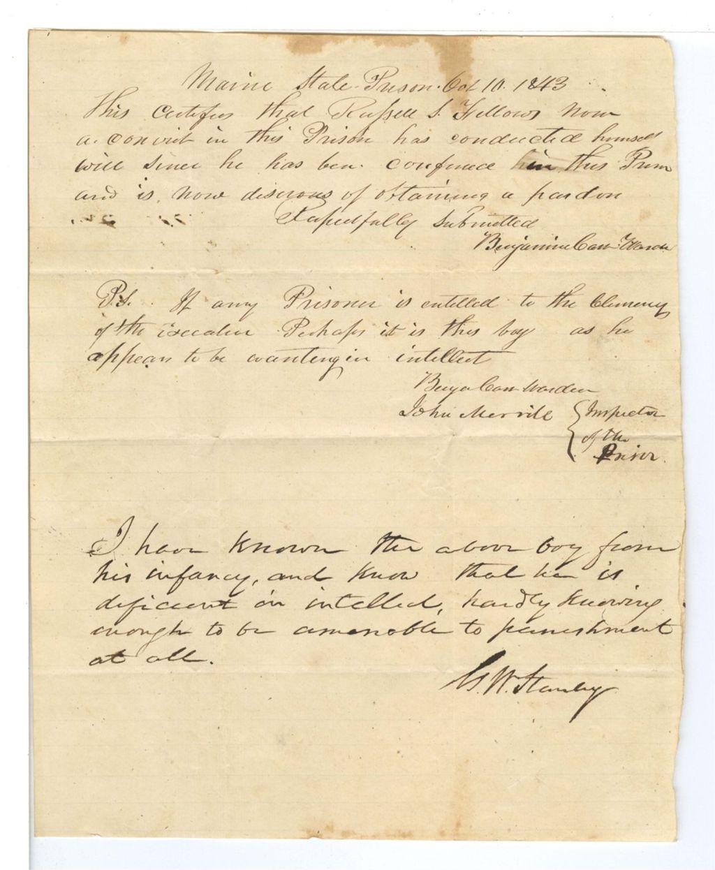Miniature of Report of Benjamin Can, Warden, on the behavior of Russel S Fellows in incarceration