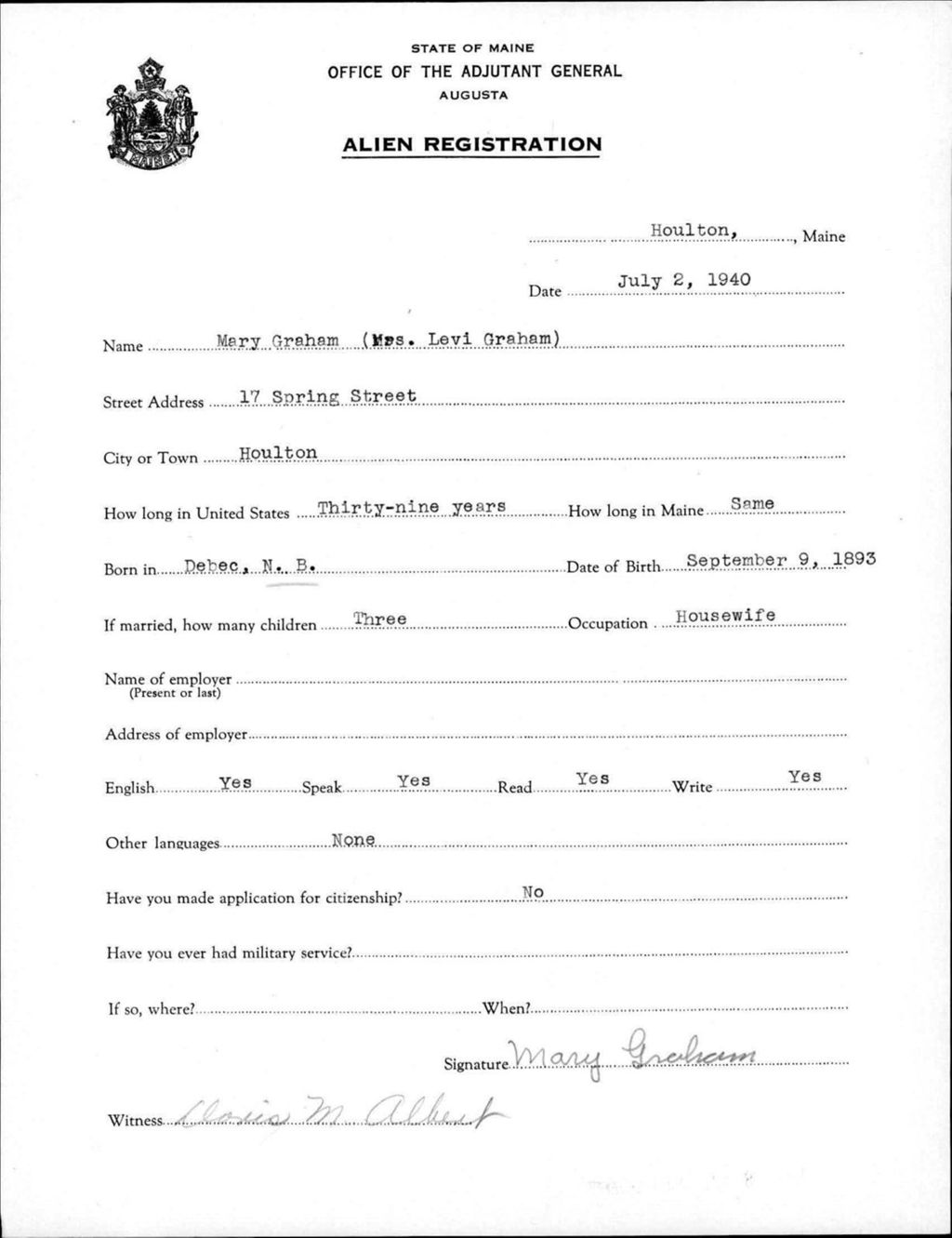 Miniature of Alien Registration- Graham, Mary (Houlton, Aroostook County)