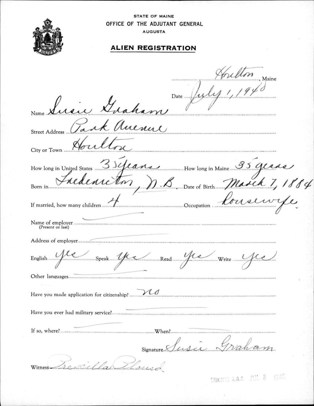 Miniature of Alien Registration- Graham, Susie (Houlton, Aroostook County)