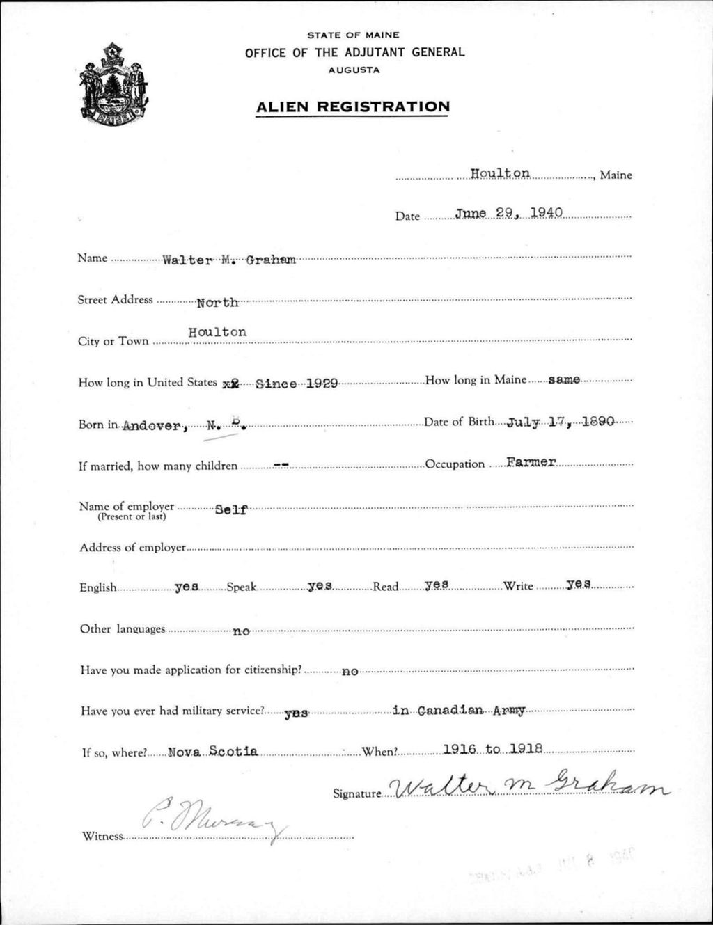 Miniature of Alien Registration- Graham, Walter M. (Houlton, Aroostook County)