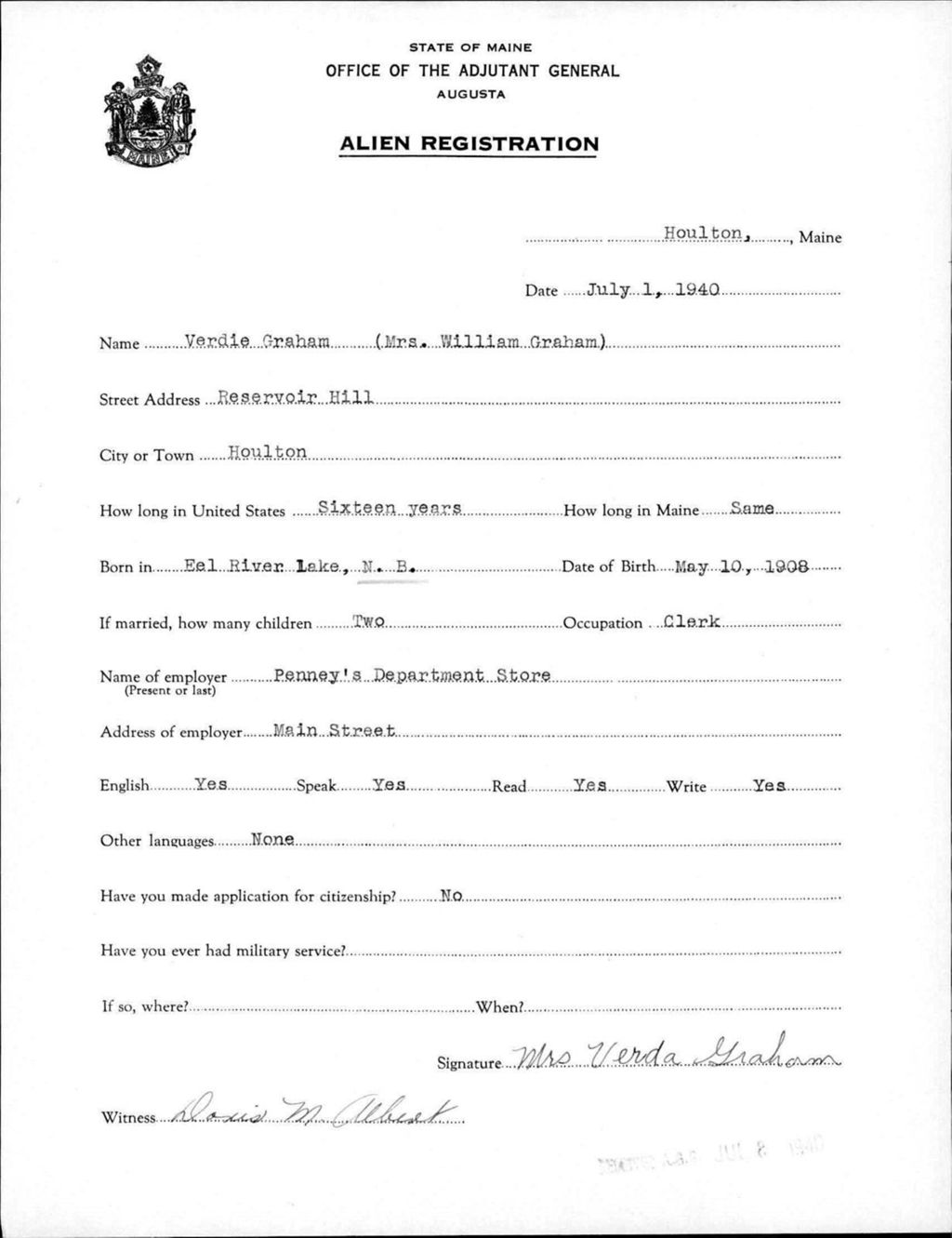 Miniature of Alien Registration- Graham, Verdie (Houlton, Aroostook County)