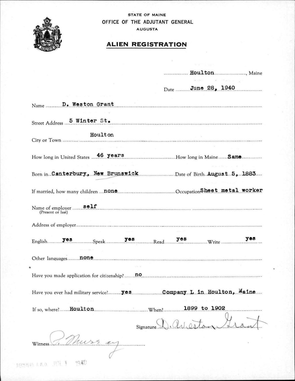 Miniature of Alien Registration- Grant, D Weston (Houlton, Aroostook County)