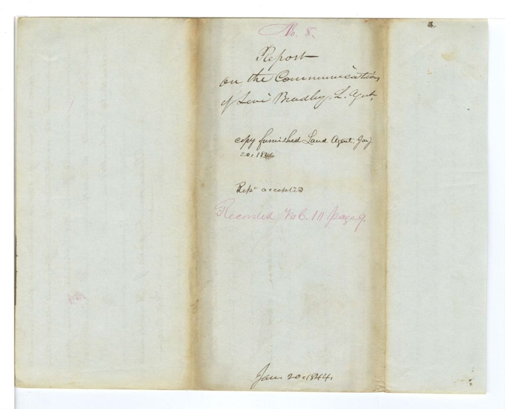Miniature of Report on the communications of Levi Bradley, Land Agent
