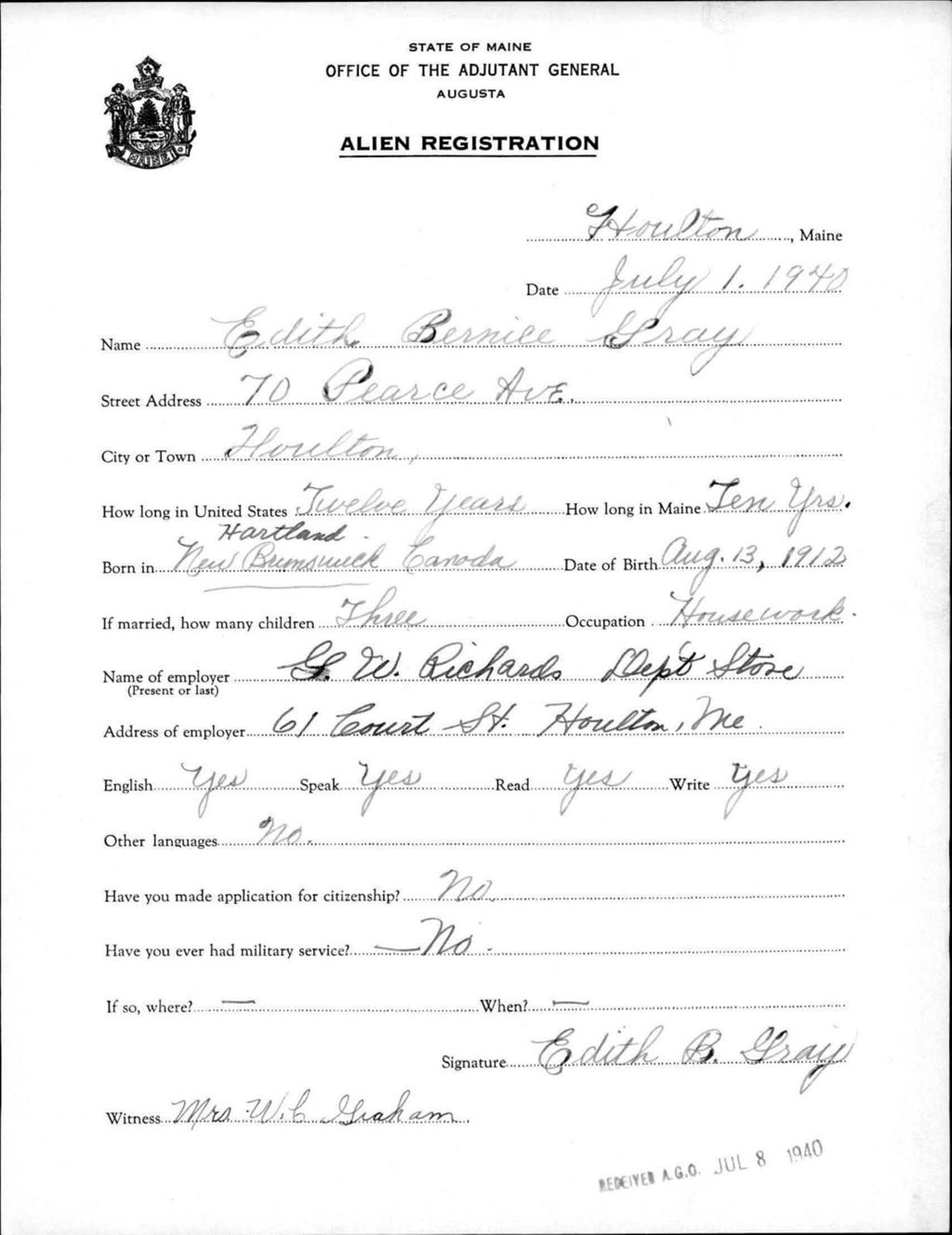Miniature of Alien Registration- Gray, Edith B. (Houlton, Aroostook County)