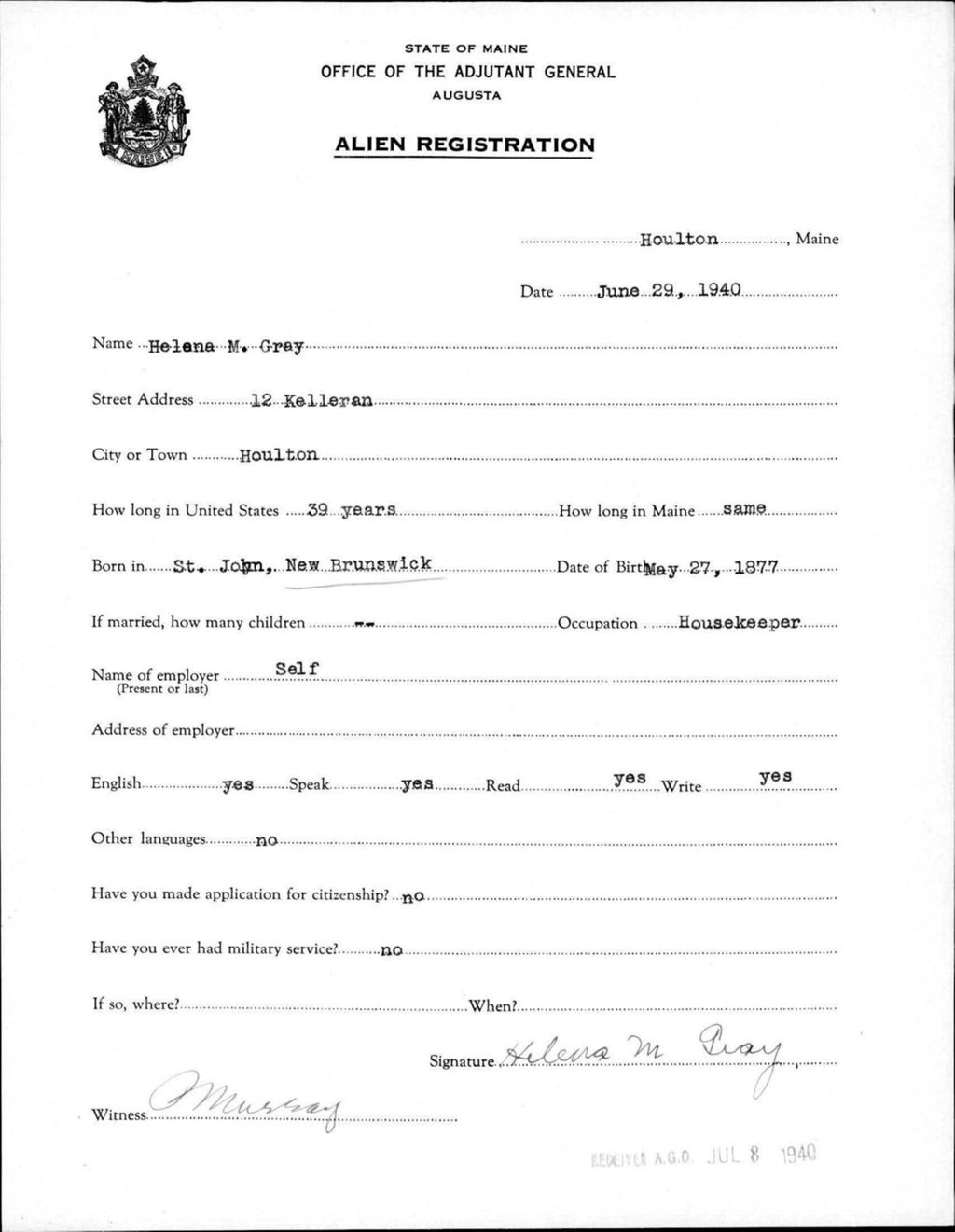 Miniature of Alien Registration- Gray, Helena M. (Houlton, Aroostook County)