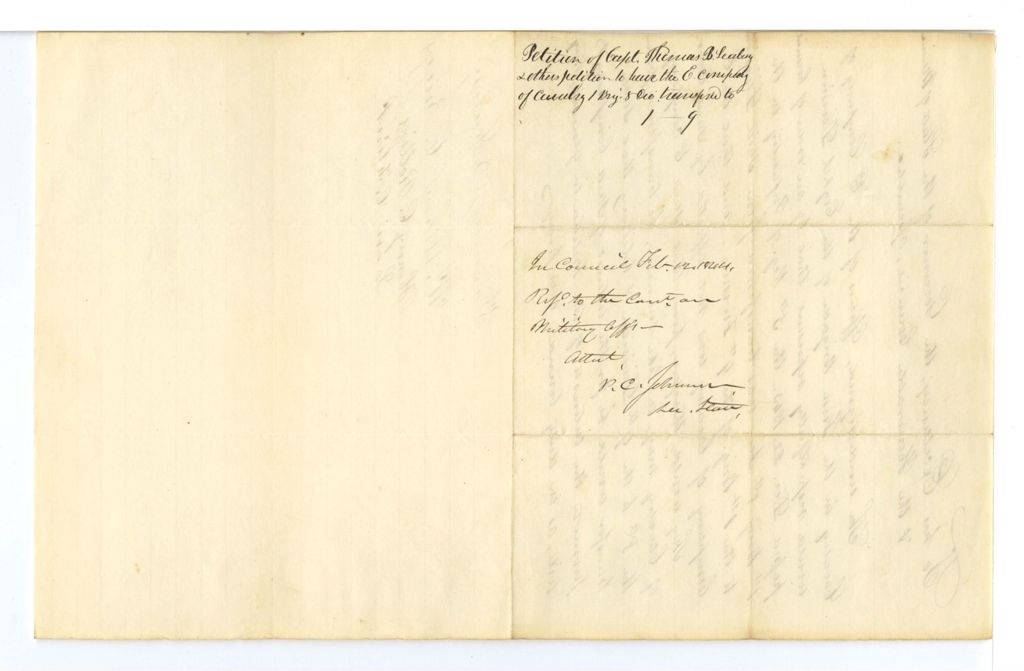 Miniature of Petition of Captain Thomas B. Seabury for the E Company of Cavalry be transferred to the 1st Brig 9th Div
