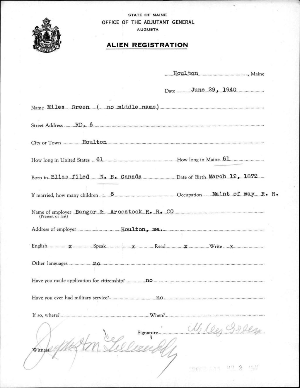 Miniature of Alien Registration- Green, Miles (Houlton, Aroostook County)