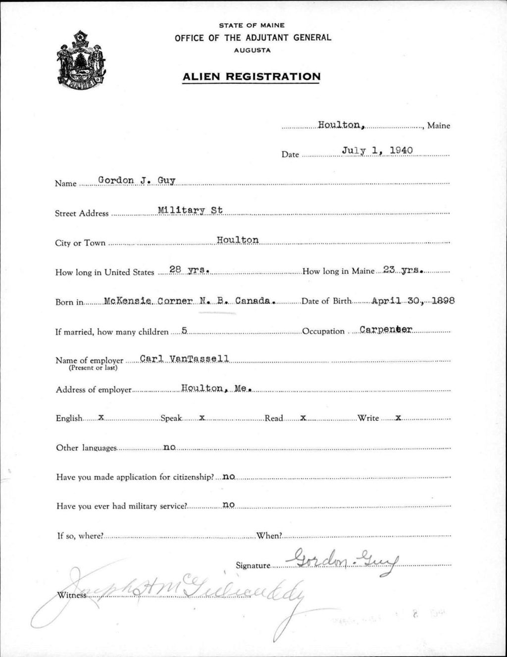 Miniature of Alien Registration- Guy, Gordon J. (Houlton, Aroostook County)