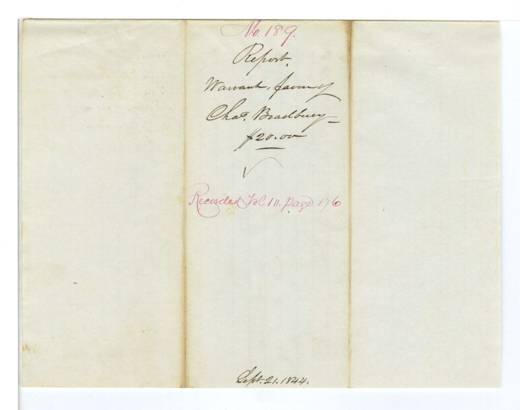 Miniature of Report 189: Report on the warrant in favor of Charles Bradbury for superintending the copying of the early records of Maine