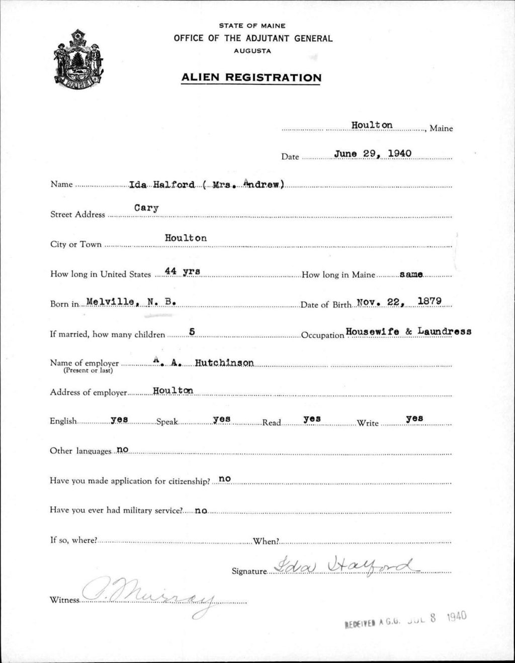 Miniature of Alien Registration- Halford, Ida (Houlton, Aroostook County)