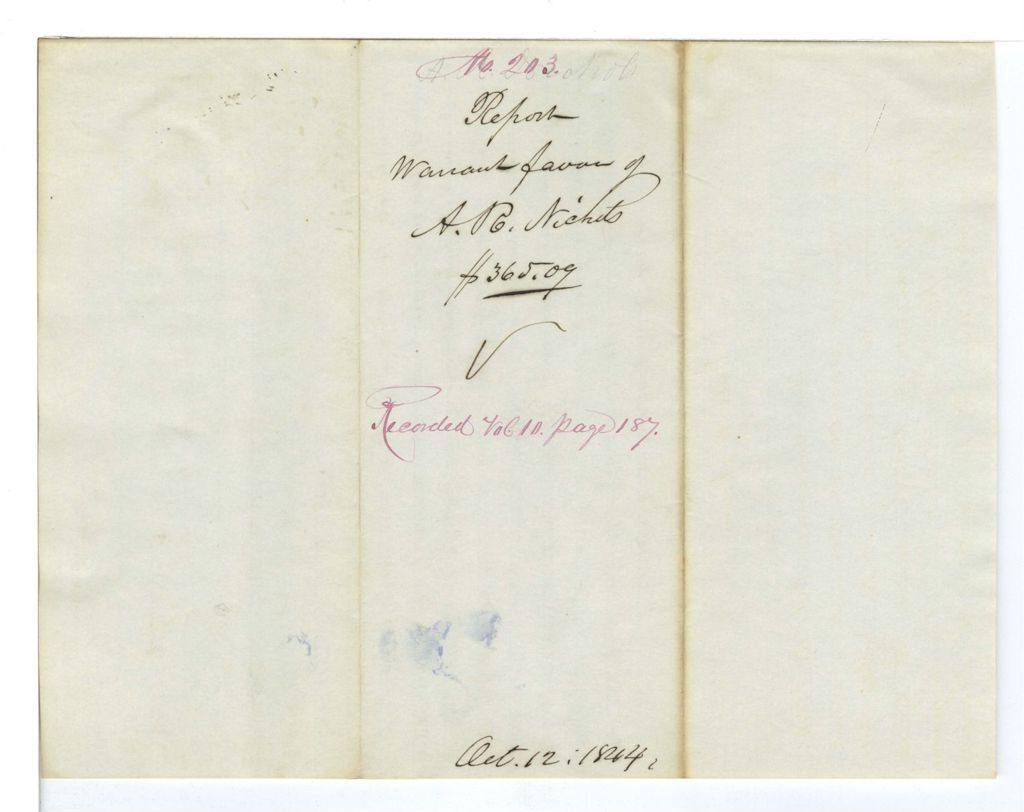 Miniature of Report 203: Report on the warrant in favor of A. R. Nichols, Postmaster of Augusta, for postage