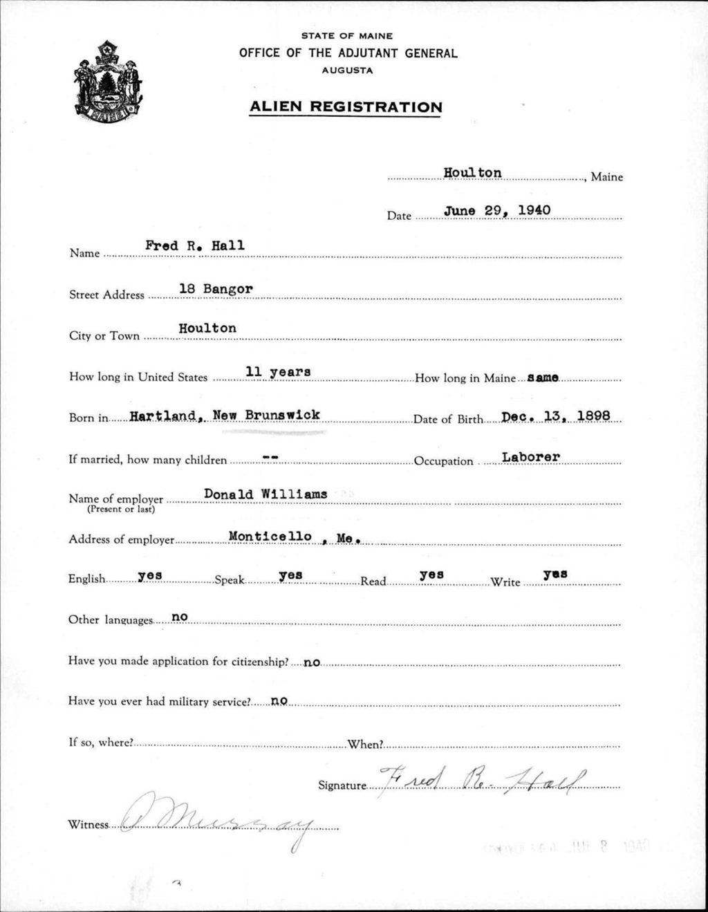 Miniature of Alien Registration- Hall, Fred R. (Houlton, Aroostook County)