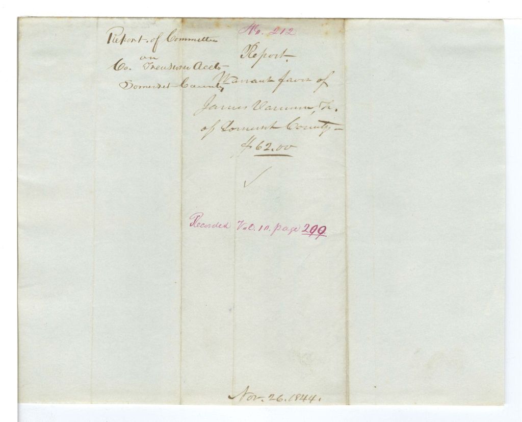 Miniature of Report 212: Report on the warrant in favor of James Varnum, Treasurer of Somerset County