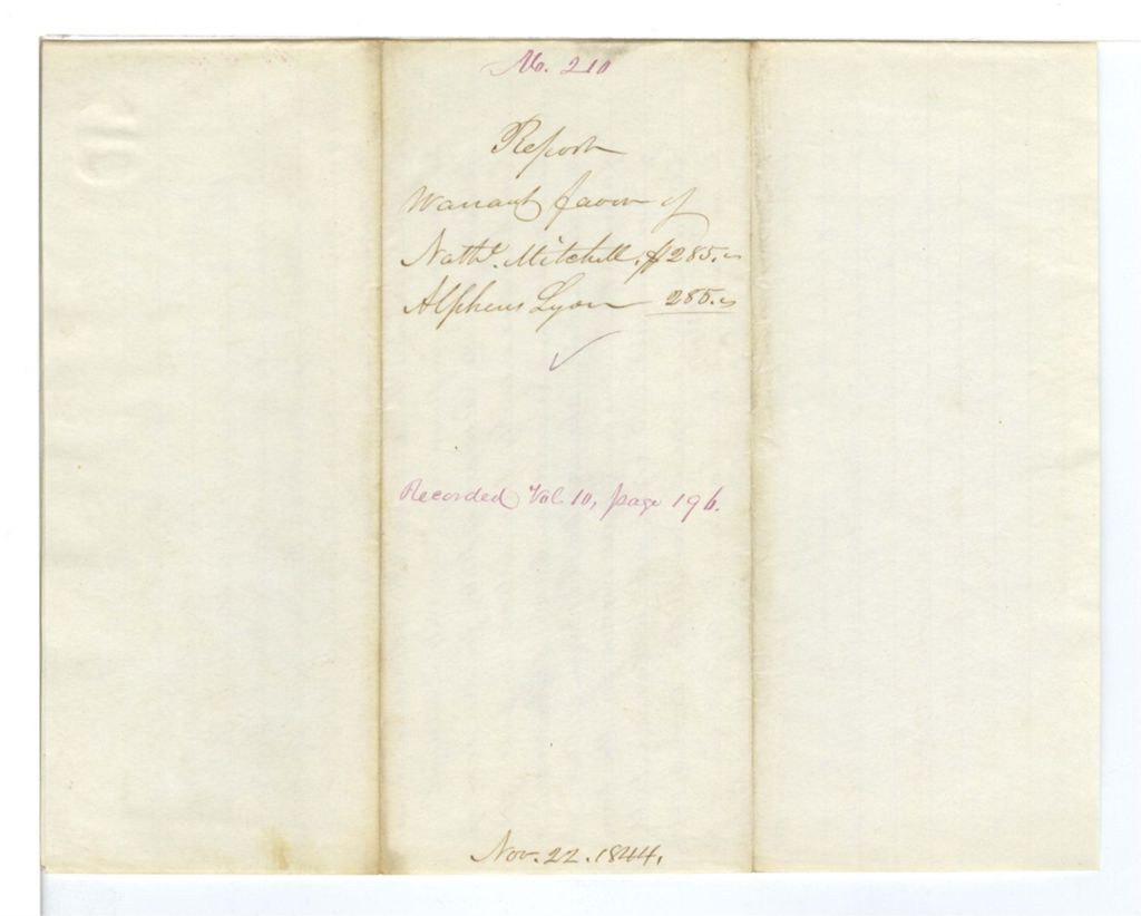 Miniature of Report 210: Report on the warrants in favor of Nathaniel Mitchell and Alpheus Lyon, Bank Commissioners
