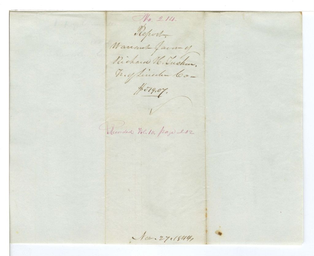 Miniature of Report 214: Report on the warrant in favor of Richard H. Tucker, Treasurer of Lincoln County