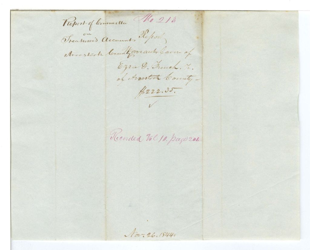 Miniature of Report 213: Report on the warrant in favor of Ezra D. French, Treasurer of Aroostook County