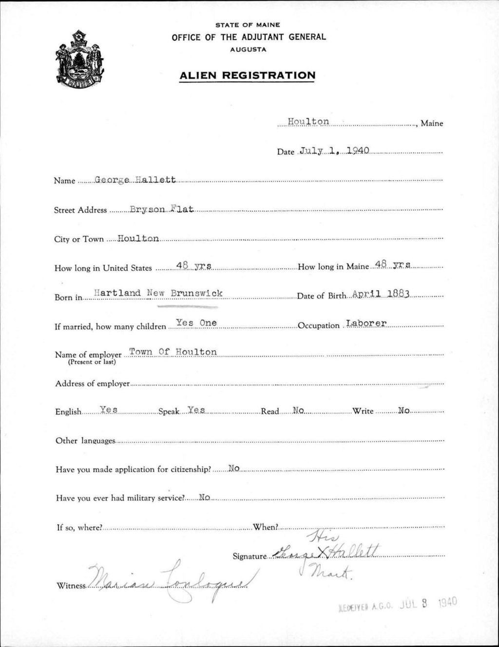 Miniature of Alien Registration- Hallett, George (Houlton, Aroostook County)