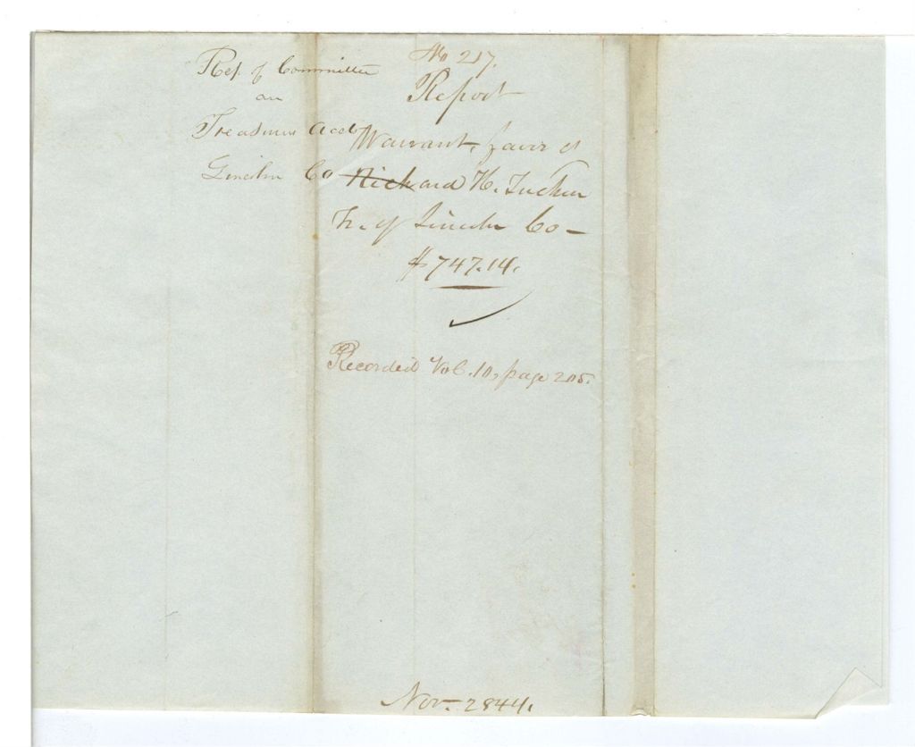 Miniature of Report 217: Report on the warrant in favor of Richard H. Tucker, Treasurer of Lincoln County