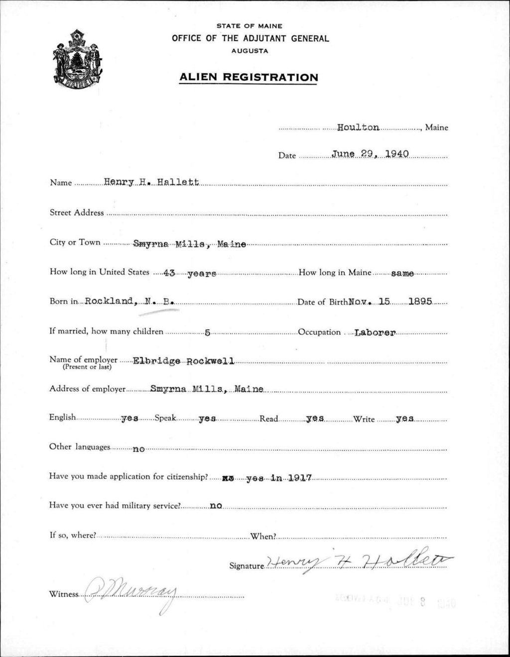 Miniature of Alien Registration- Hallett, Henry H. (Houlton, Aroostook County)