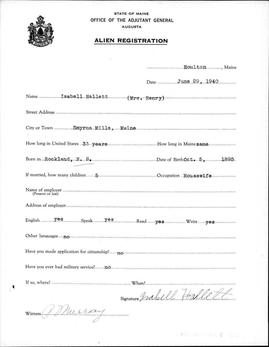Miniature of Alien Registration- Hallett, Isabell (Houlton, Aroostook County)