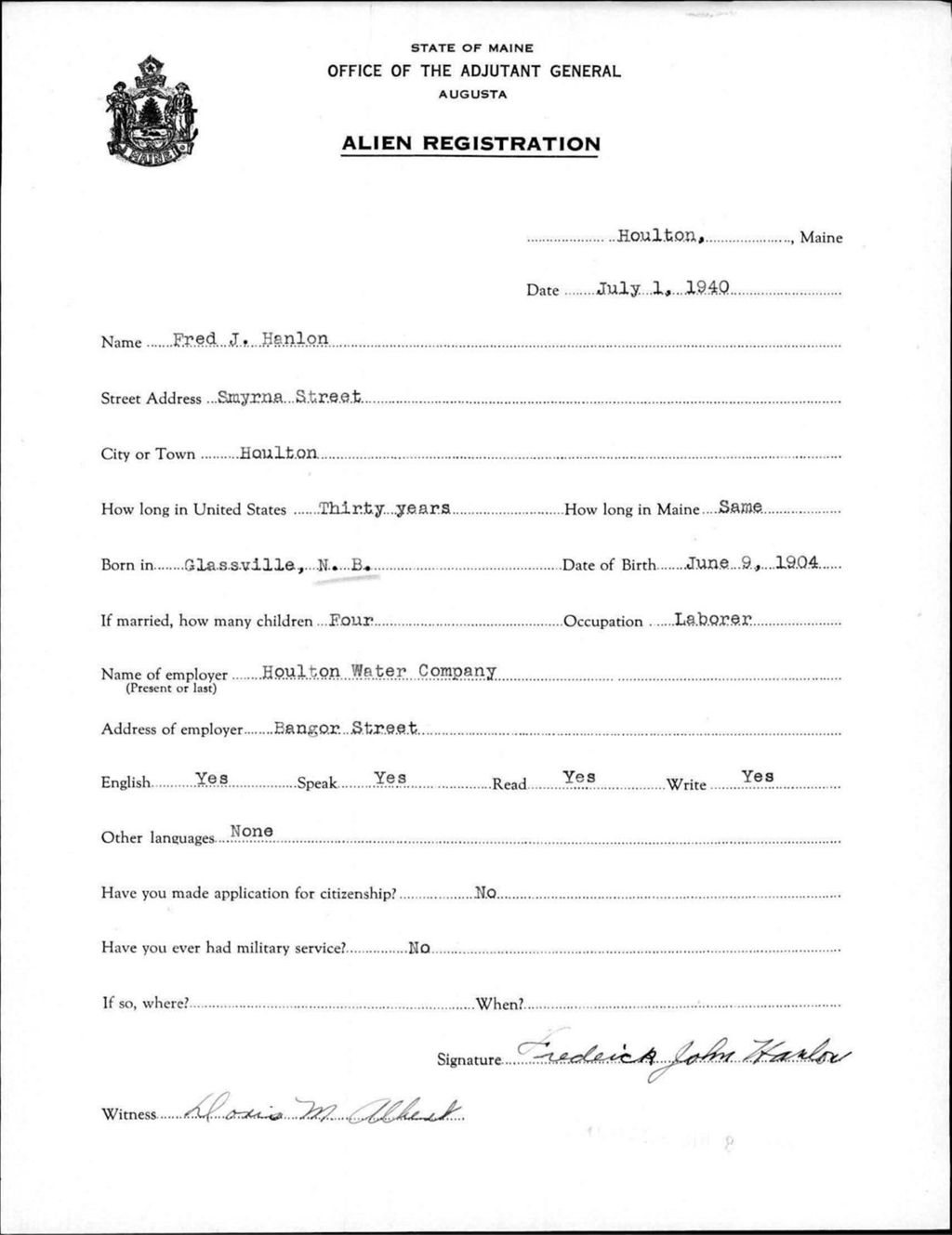 Miniature of Alien Registration- Hanlon, Fred J. (Houlton, Aroostook County)