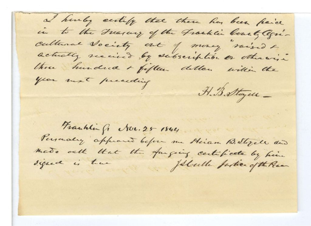 Miniature of Certification of H. B. Stoyell, Treasurer of the Franklin County Agricultural Society