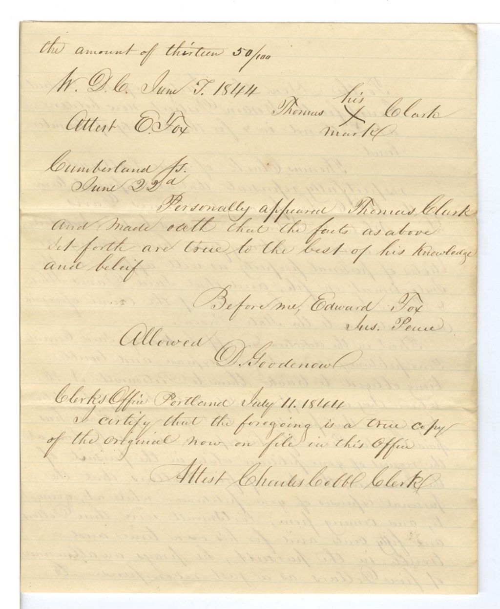 Miniature of Thomas Clark, [request to be compensated for the apprehension of James Davis, Lewis White, and John Powers?]