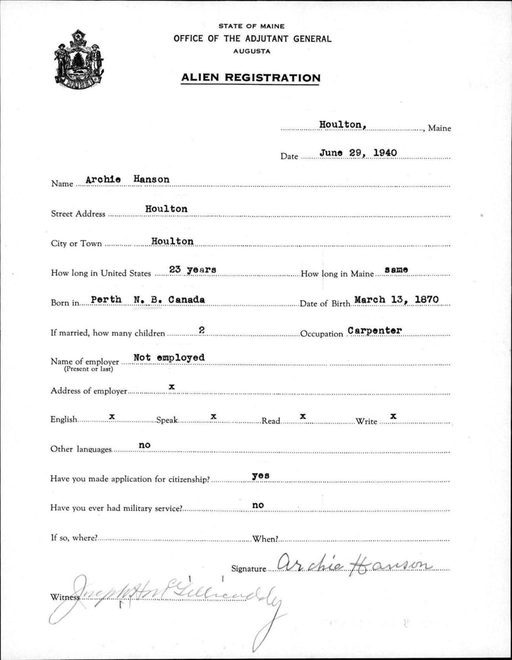 Miniature of Alien Registration- Hanson, Archie (Houlton, Aroostook County)