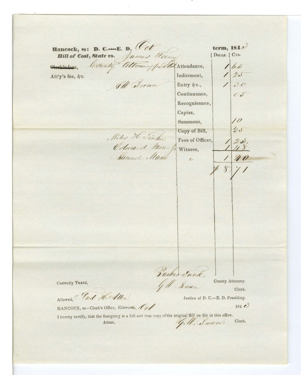 Miniature of Bill of Cost, State vs. James Feeny
