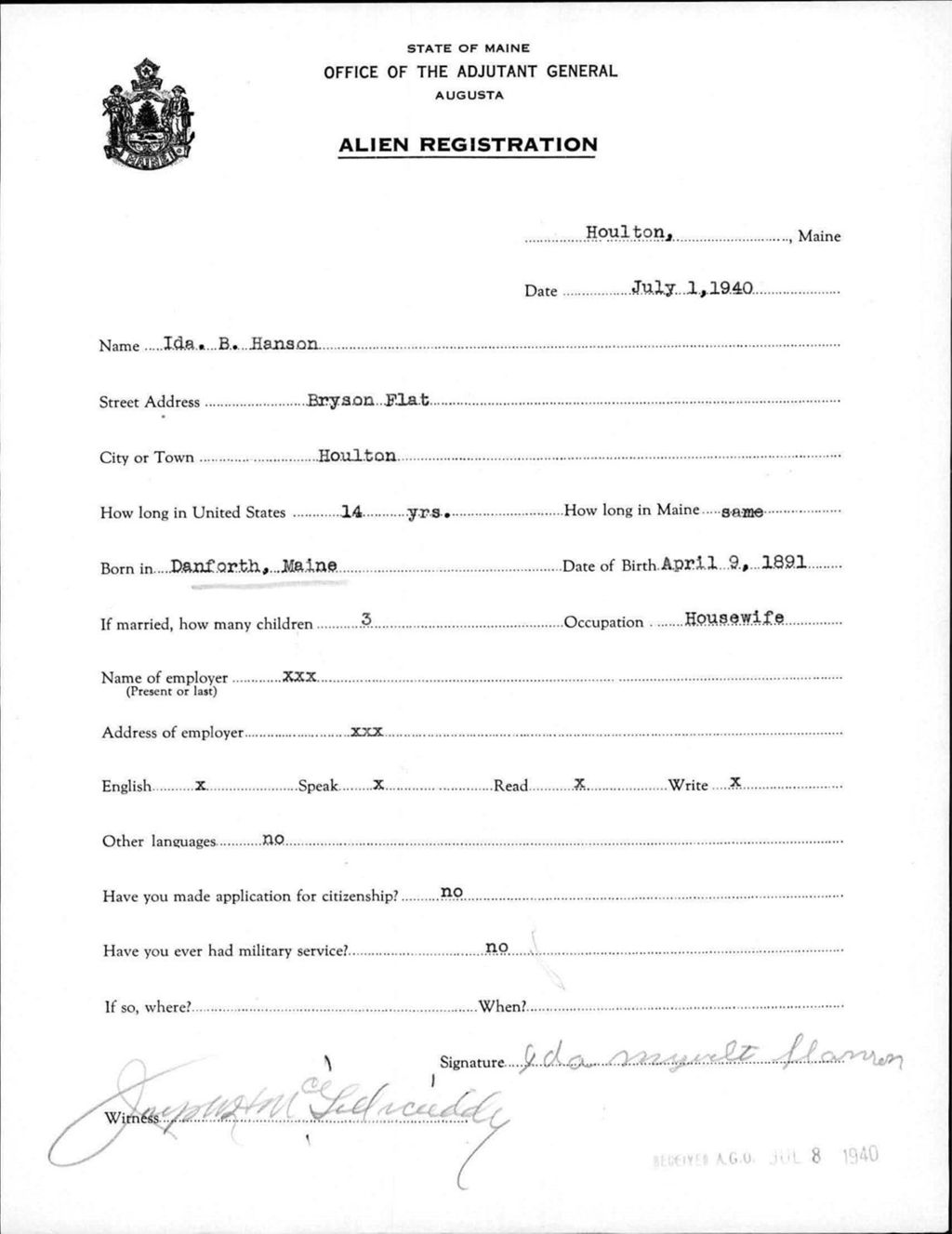 Miniature of Alien Registration- Hanson, Ida B. (Houlton, Aroostook County)