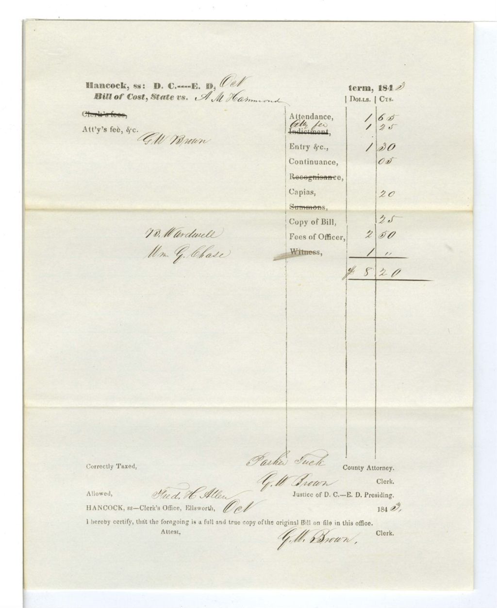 Miniature of Bill of Cost, State vs. A. M. Hammond