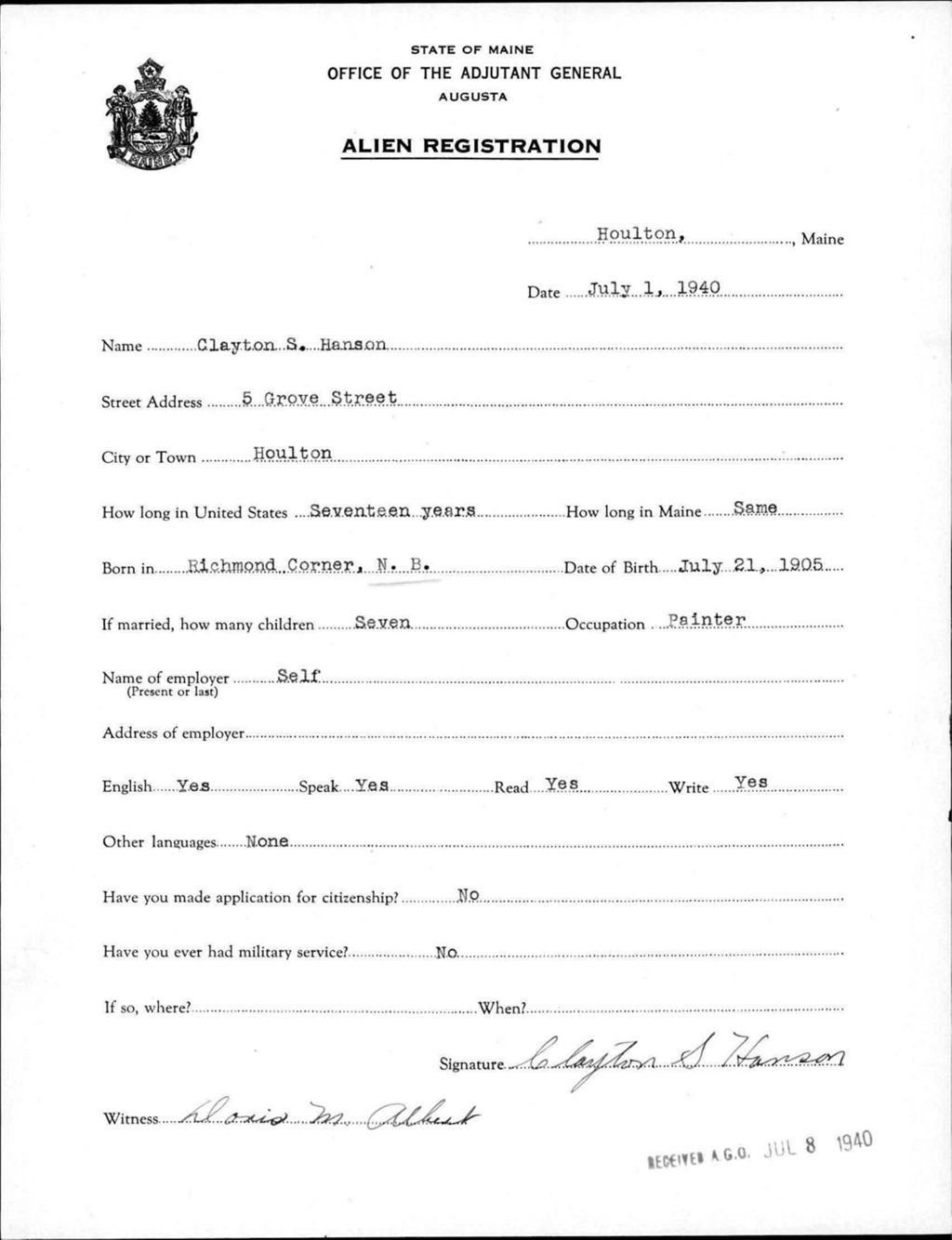 Miniature of Alien Registration- Hanson, Clayton S. (Houlton, Aroostook County)