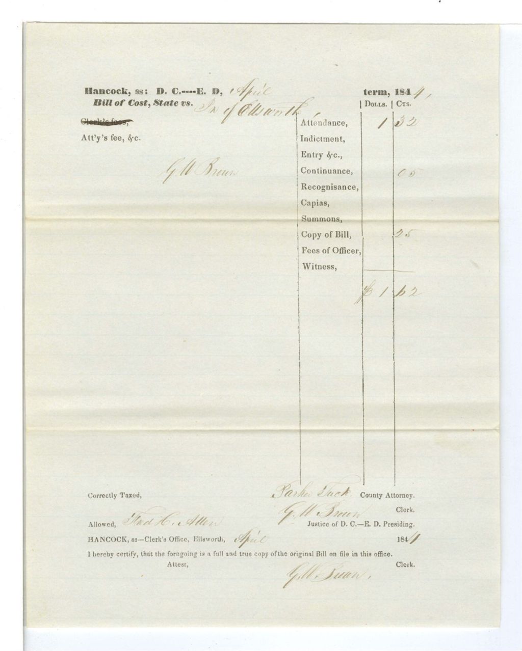 Miniature of Bill of Cost, State vs. Ellsworth