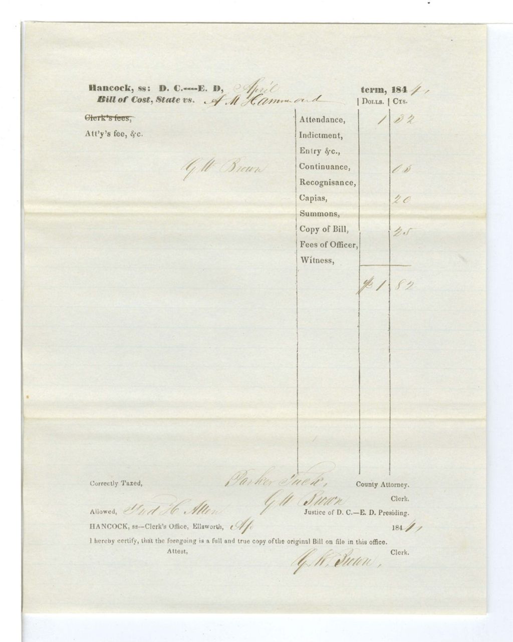 Miniature of Bill of Cost, State vs. A. M. Hammond