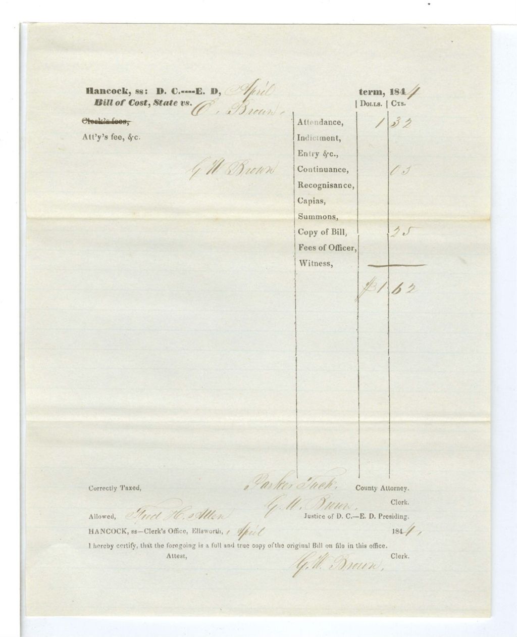 Miniature of Bill of Cost, State vs. Ephraim Brown