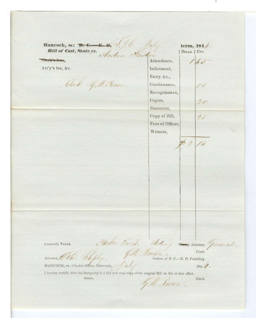 Miniature of Bill of Cost, State vs. Andrew [Friskers?]