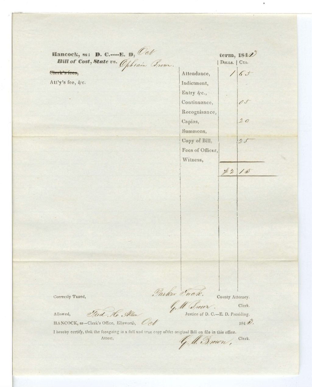 Miniature of Bill of Cost, State vs. Ephraim Brown
