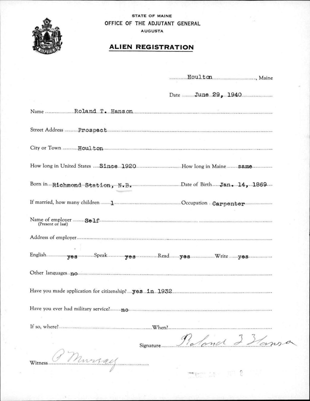 Miniature of Alien Registration- Hanson, Roland T. (Houlton, Aroostook County)