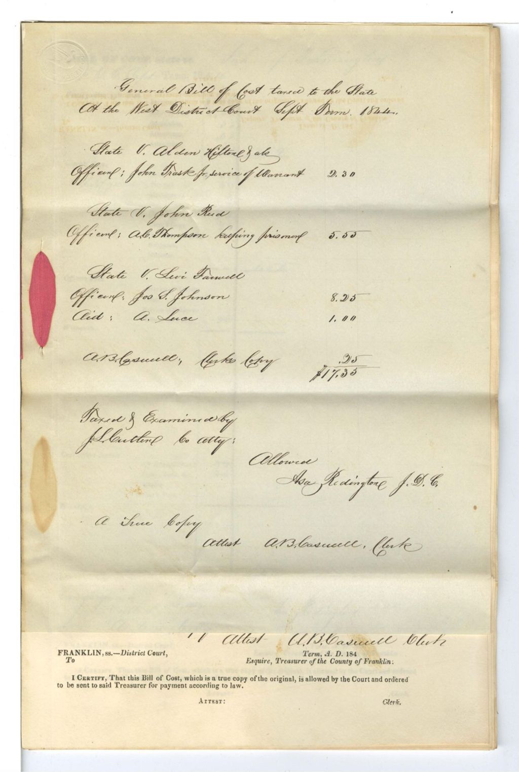 Miniature of General Bill of Cost taxed to the State at the West District Court, September Term