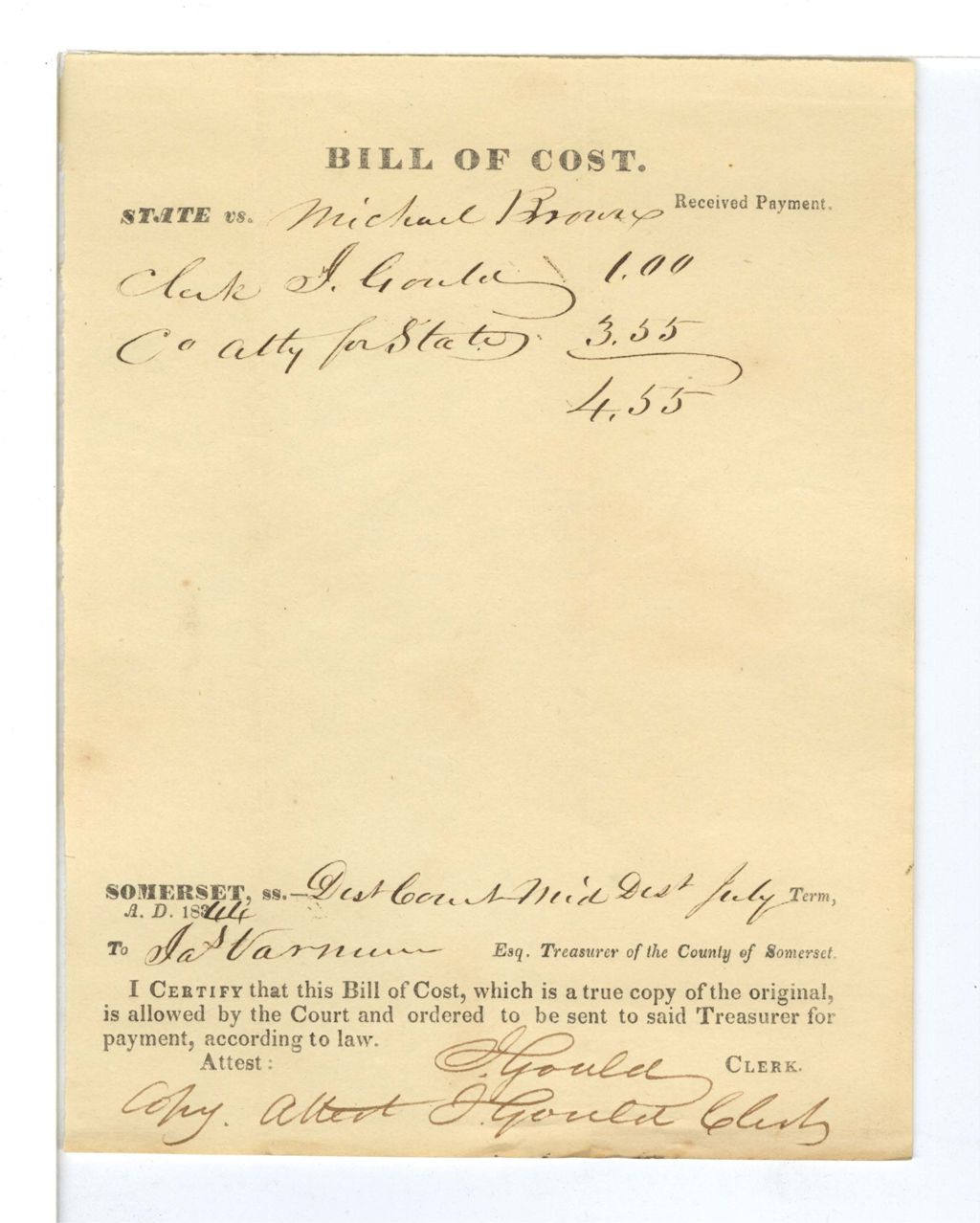 Miniature of Bill of Cost, State vs. Michael Brown