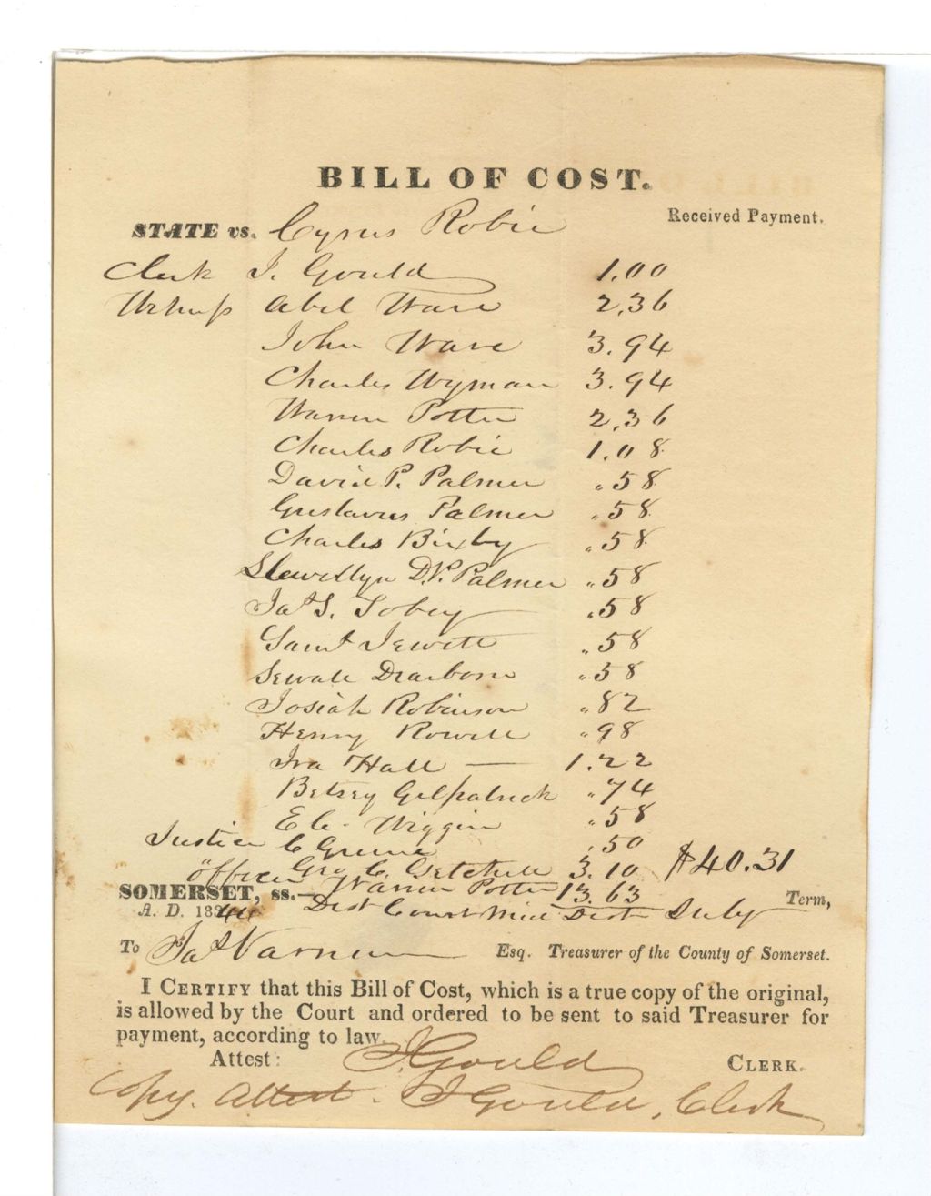 Miniature of Bill of Cost, State vs. Cyrus Robin