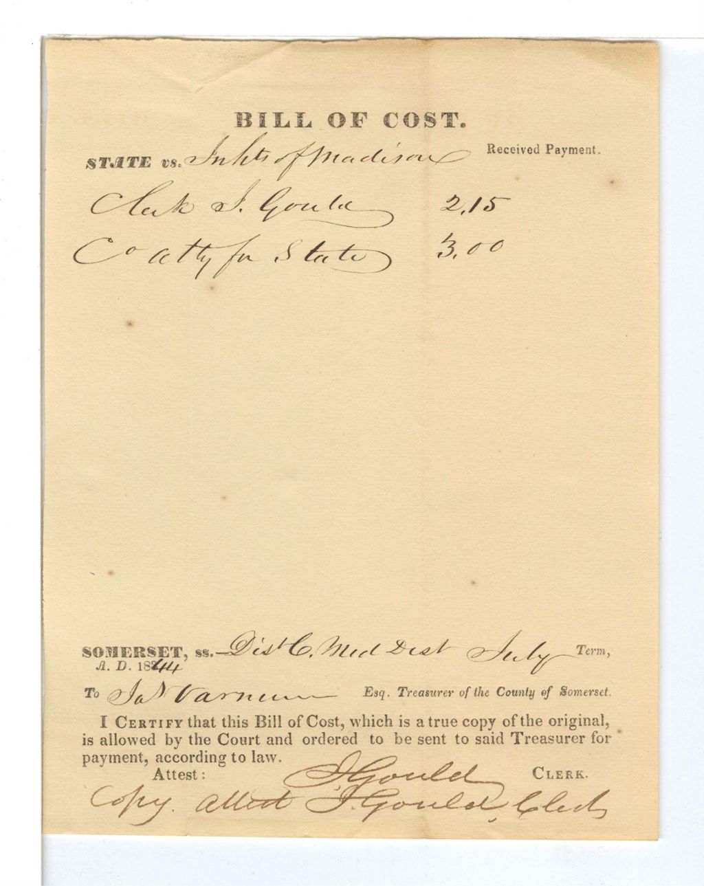 Miniature of Bill of Cost, State vs. Inhabitants of Madison