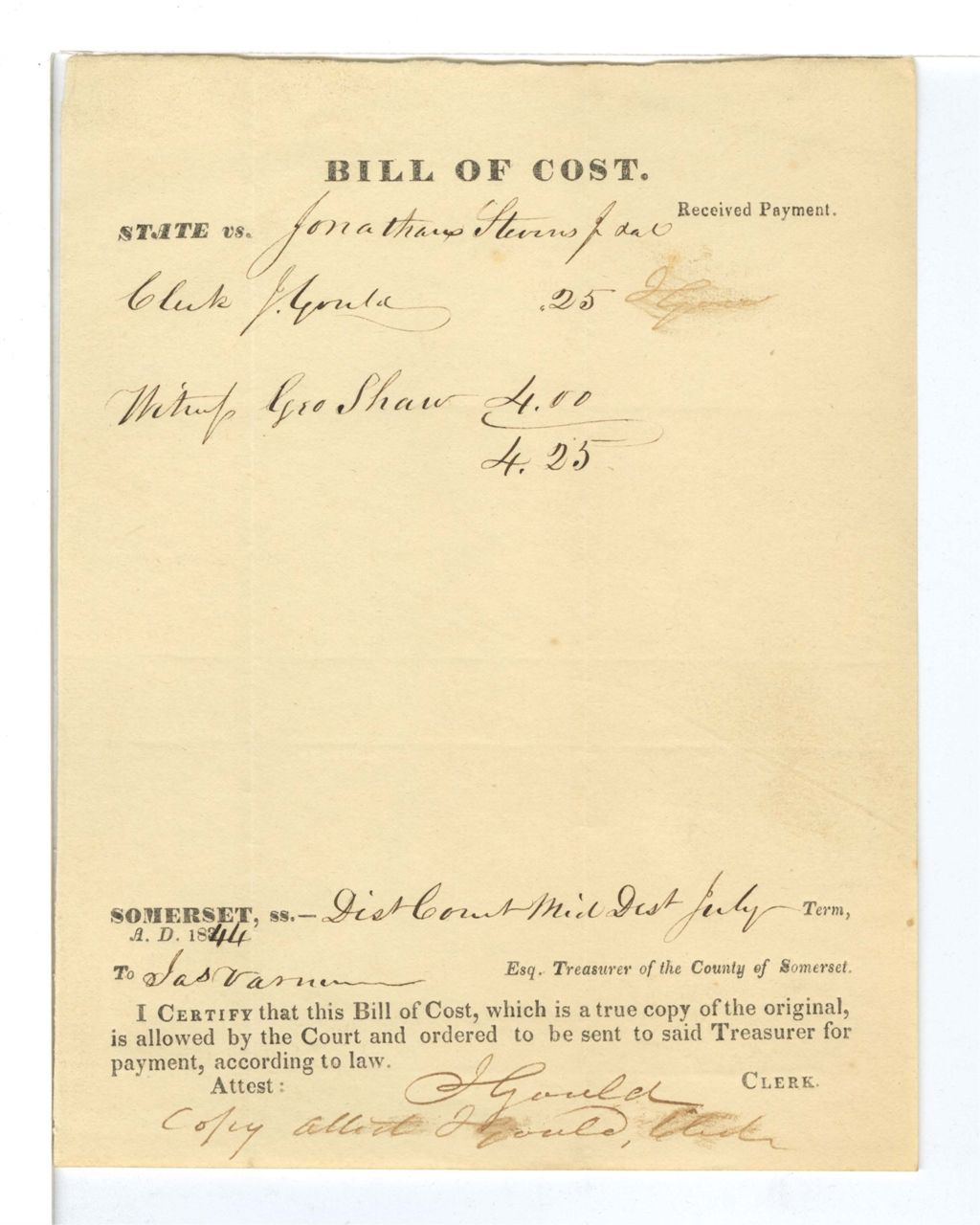 Miniature of Bill of Cost, State vs. Michael Brown