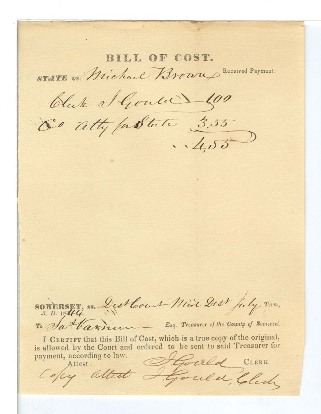 Miniature of Bill of Cost, State vs. Benjamin F. Noble [apartments?]